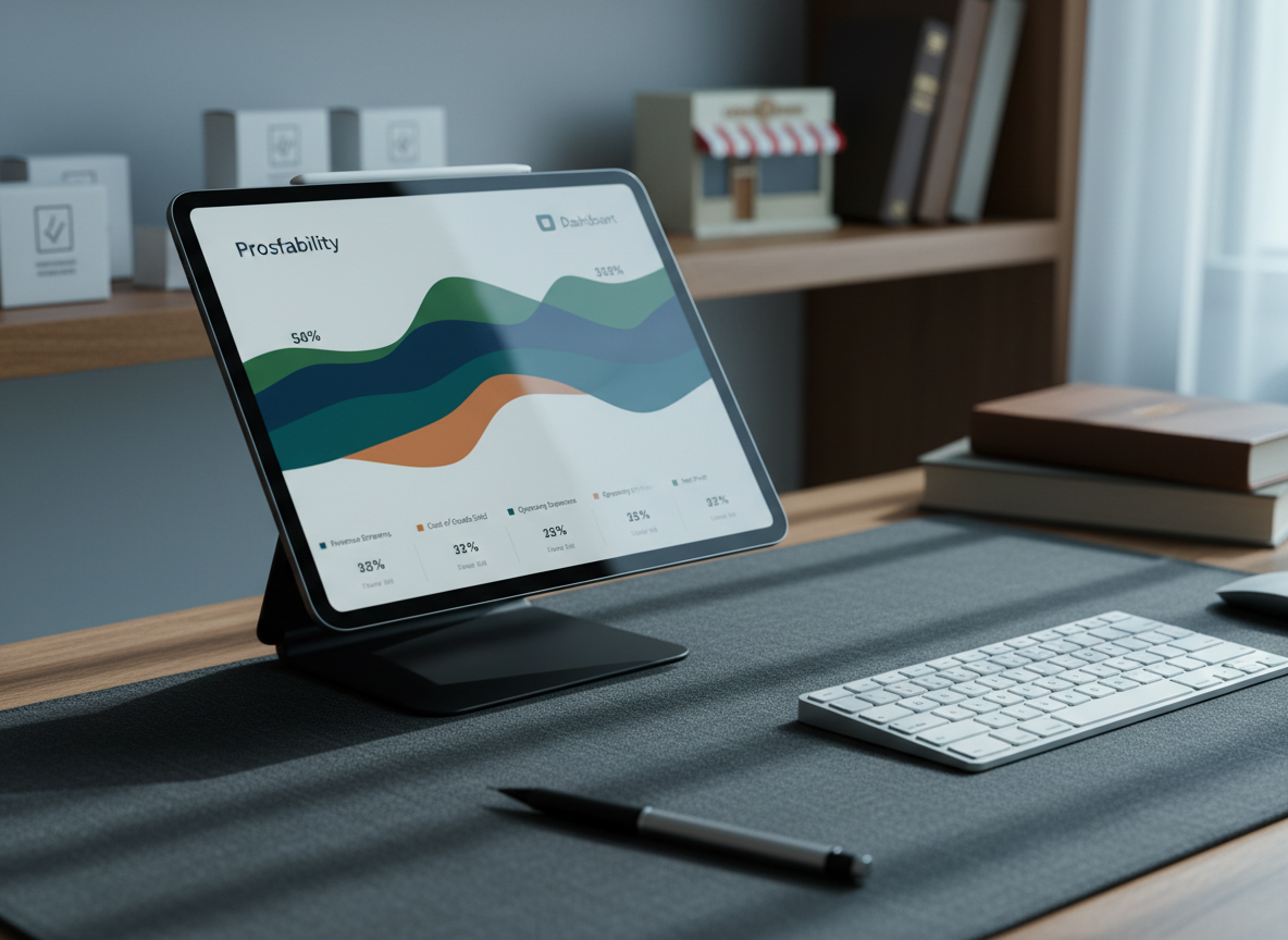 A close-up, cinematic shot of a tablet propped on a matte black stand, its screen displaying a detailed profitability dashboard with smooth, modern charts and clearly segmented categories. The tablet rests on a textured dark linen desk mat, alongside a slim wireless keyboard and a refined mechanical pencil. In the softly blurred background, a curated shelf of small business artifacts—simple packaging mockups, a miniature storefront model, and neatly stacked account books—suggests diverse entrepreneurial clients. Cool morning light from a side window creates subtle reflections on the tablet glass and a gentle gradient of shadow across the workspace. Photographic realism, shot at a low angle with shallow depth of field, communicates precision, clarity, and forward-looking financial insight.