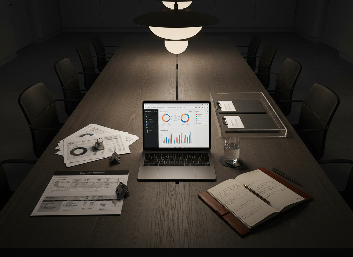 A panoramic overhead view of a modern conference table in dark, brushed oak, covered with carefully arranged financial planning tools: printed three-year forecasts, a laptop showing a sophisticated FP&A dashboard, and a translucent acrylic tray holding neatly clipped client files. A glass of sparkling water sits on a dark slate coaster beside a fine-tipped metal pen and an open notebook filled with structured, handwritten figures. Soft, warm pendant lighting from above casts gentle, controlled pools of light, highlighting key documents while leaving the rest of the room subtly in shadow. Photographic realism with a clean, minimal aesthetic and strong geometric lines creates a focused, strategic, and high-end mood suitable for advanced advisory and CFO-level services.