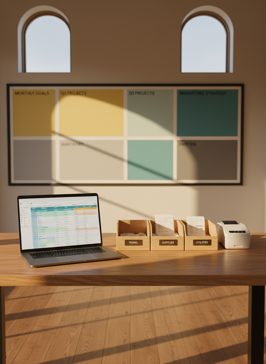 A serene small-business back-office scene with a smooth oak counter transformed into a financial command center: a laptop shows an orderly monthly bookkeeping screen, beside a neat row of labeled receipt trays and a compact wireless receipt scanner. On the wall behind, a large, frameless whiteboard displays color-blocked planning areas without legible text, emphasizing structure over specifics. Golden hour sunlight filters through high windows, casting warm, elongated shadows and a subtle glow on the surfaces. Photographic realism with a balanced, rule-of-thirds composition emphasizes tidy systems and calm control. The mood is reassuring and quietly ambitious, illustrating how clean books and organized processes support confident decision-making for growing small businesses.