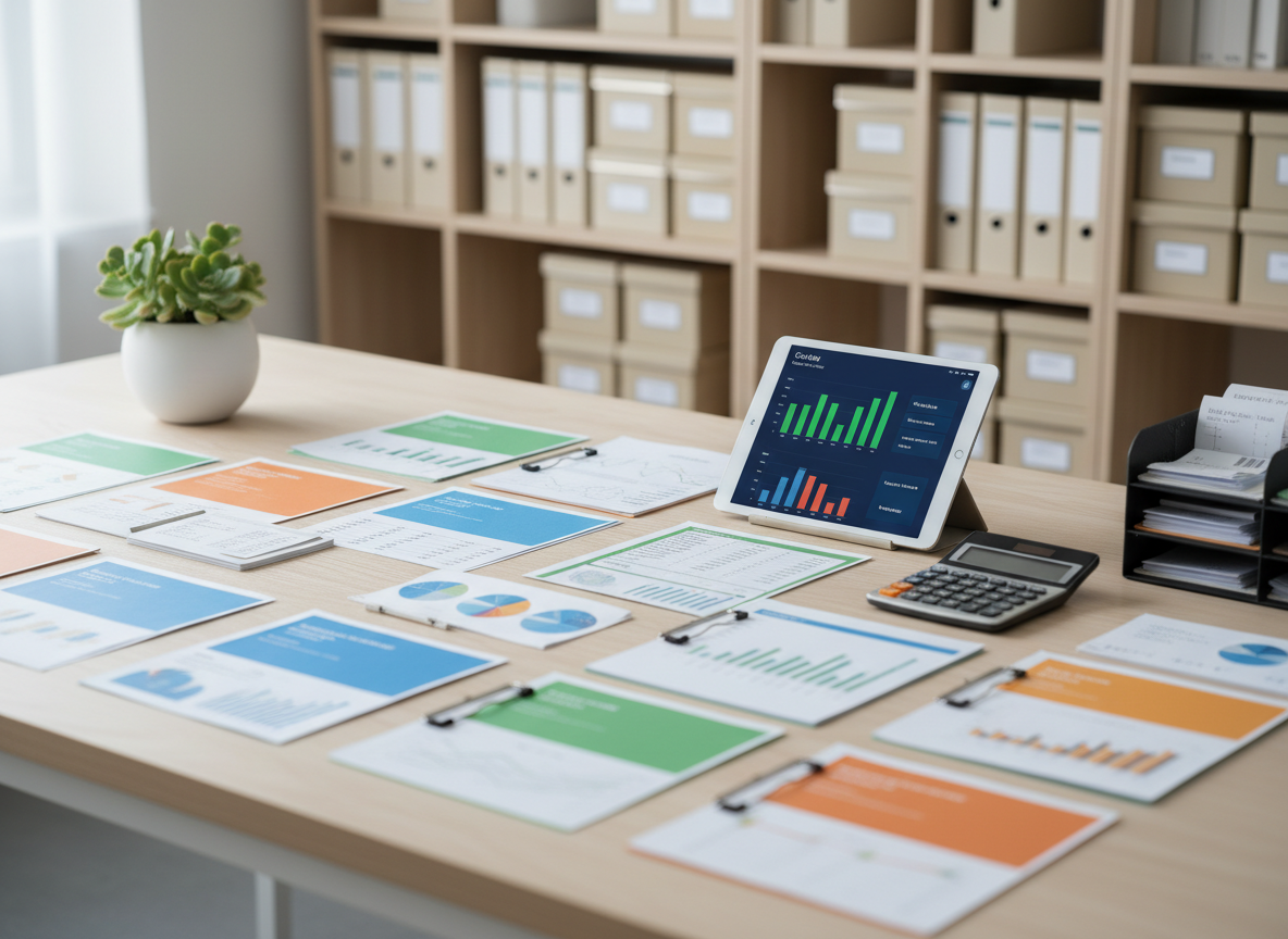 An ultra-organized bookkeeping workspace featuring a smooth light-ash wood table covered with a precisely arranged spread of color-coded financial reports, a sleek tablet showing a clear cash flow dashboard, and a compact, high-quality calculator. Nearby, a small potted plant in a matte white ceramic pot adds a subtle touch of green. In the background, minimalist open shelving holds uniformly labeled archive boxes and binders, all in neutral tones. Soft overcast daylight filters through an unseen window, creating even, diffused lighting with almost no harsh shadows. Photographic realism, captured at eye level with sharp focus throughout, conveys a serene, highly competent, and detail-oriented environment that reflects reliable monthly bookkeeping for small businesses.